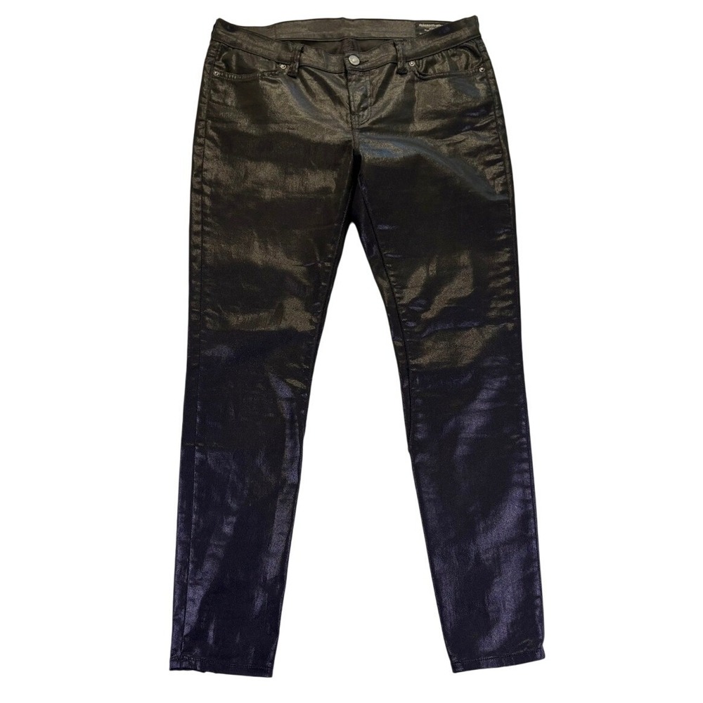 AllSaints Spitalfields Womans Metallic Black Coated Skinny Ankle Zip Jeans W32